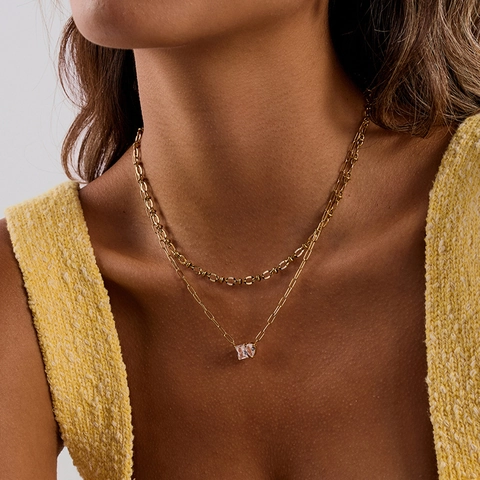 Stainless Steel Necklace 18K Gold Plated Zircon Pendant Paperclip Chain Geometric Jewelry For Women Waterproof