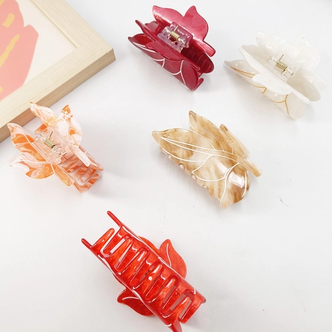 Leaf Shape Hair Claw Clip Acetate Acrylic Marble Pattern Elegant Vintage Large Shark Clip Hair Accessory For Women