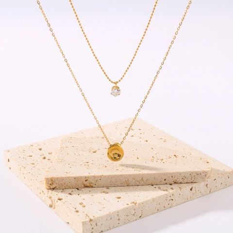 Dubbellaagse Ketting 18K Verguld Roestvrij Staal Ronde Zirkoon Onregelmatige Hanger Mode Sieraden Voor Dames