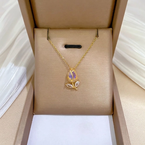 Tulip Flower Pendant Necklace Titanium Steel Copper Synthetic Moonstone Zircon Gold Plated Jewelry For Women