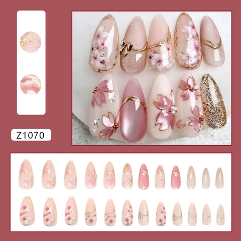 Cat Eye Pink Almond Press On Nails 3D Kirschblüten Blumendesign Künstliche Perlen Strass Dekoration Süß Elegant