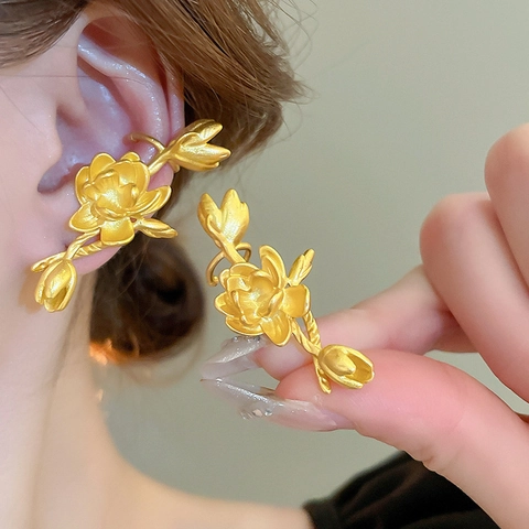 French Retro Flower Integrated Ear Clip Earrings With 925 Sterling Silver Earring Post Matte Copper Jewelry For Women