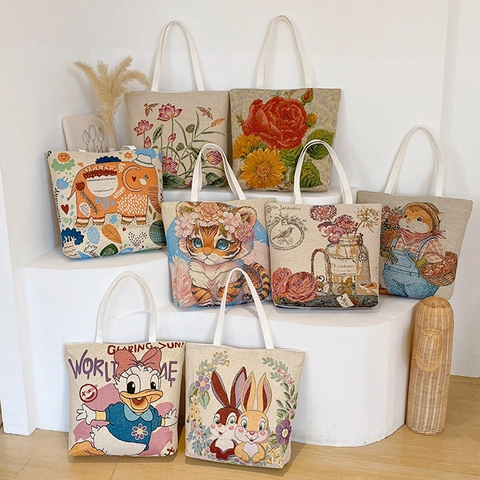 Borsa Tote In Tela Grande Capacità Ricamo Jacquard Floreale Animali Cartoni Animati Vintage Borsa A Spalla Casual Per Donne