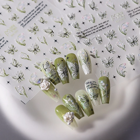 3D Relief Nail Art Stickers Butterfly Lily Of The Valley Flower Embossed Adhesive Decals Manicure Decoration For Women