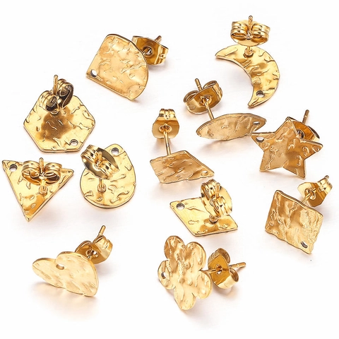 Stainless Steel DIY Earring Stud Bases Hammered Texture Geometric Star Heart Flower Earring Posts With Hole Jewelry Making Findings