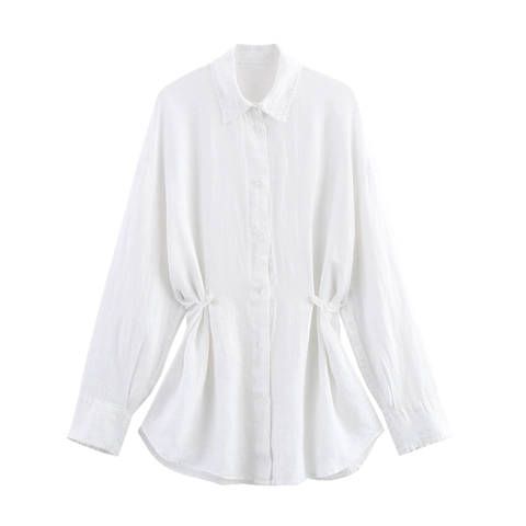 Linen Shirt Women Long Sleeve Drawstring Waist Lapel Button Down Casual Loose Fit White Solid Blouse Tops