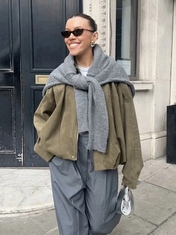Women Faux Suede Bomber Jacket Lapel Collar Zip Up Loose Fit Streetwear Casual Vintage Oversized Outerwear Fall Spring