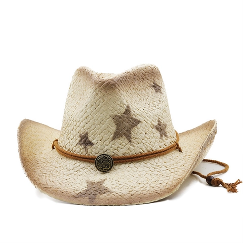 Western Cowboy Paper Straw Hat With Star Print And Vintage Burnt Edge Adjustable Chin Strap Sun Protection Outdoor Travel