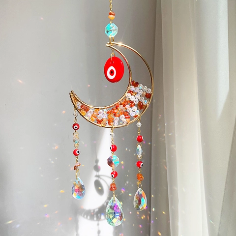 Acchiappasole Cristallo Luna Decorazione Sospesa Malocchio Oro Metallo Prisma Arcobaleno Per Finestra Casa Giardino Boho