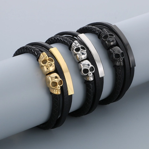 Pulsera Cuero Trenzado Multicapa Hombre Acero Inoxidable Calavera Cierre Magnético Joyería Punk Tendencia