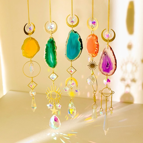 Natural Agate Slice Crystal Suncatcher Hanging Ornament Celestial Moon Sun Star Rainbow Maker Window Garden Decor