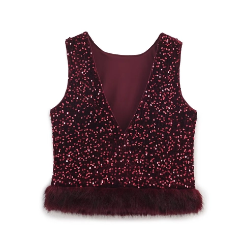 Top Senza Maniche Con Scollo A V E Pantaloni Lunghi Paillettes Bordo In Ecopelliccia Rosso Vino Festa Donna