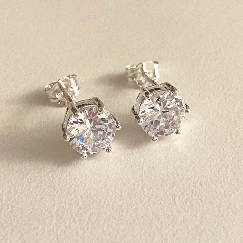 Classic Six-Prong Round Cut Zircon Stud Earrings With 925 Sterling Silver Earring Post For Women Minimalist Style