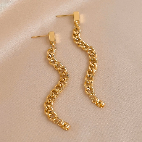 Long Chain Drop Earrings Alloy Gold Plated Fashion Geometric Jewelry With 925 Sterling Silver Earring Post For Women