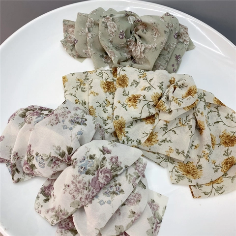 Übergroße Chiffon Schleife Haarklammer Blumendruck Mehrlagig Automatischer Federclip Eleganter Koreanischer Stil Für Damen