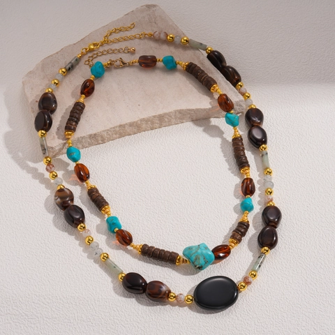 Collier Perles Bohême Pierre Acrylique Verre Alliage Cuivre Coque Noix Coco Pendentif Ovale Ethnique Vintage Longue Chaîne Pull Femme