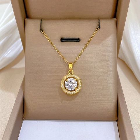 Collana Con Ciondolo Halo Rotondo Di Lusso Micro-Pave Di Zircone Catena In Acciaio Inossidabile Gioielli Eleganti Per Donna