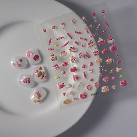 Stickers Nail Art 5D Gaufrés Bonbons Roses Dessert Cupcake Doux Autocollants Stéréoscopiques Auto Adhésifs Pour Femmes
