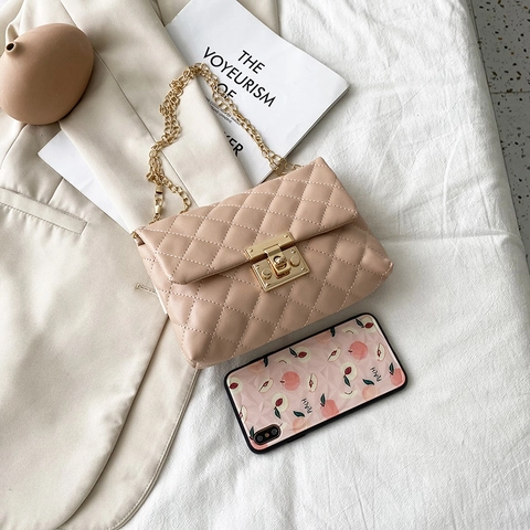 Quilted PU Leather Crossbody Bag With Gold Chain Strap And Metal Twist Lock Elegant Daily Shoulder Bag For Women