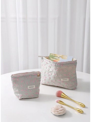 Embossed Floral Makeup Bag Jacquard Fabric Travel Cosmetic Pouch Zippered Sweet Portable Toiletry Storage Organizer For Women