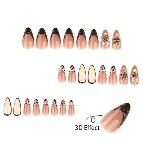 Unghie Finte Press On Nails Mandorla French 3D Floreale Leopardo Mocha Nude Elegante Manicure Artificiale Per Donne