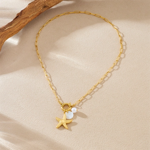 Collar Colgante Estrella De Mar Acero Inoxidable Chapado En Oro Perla Artificial Sintética Concha Cadena Clip Estilo Oceano Mujer