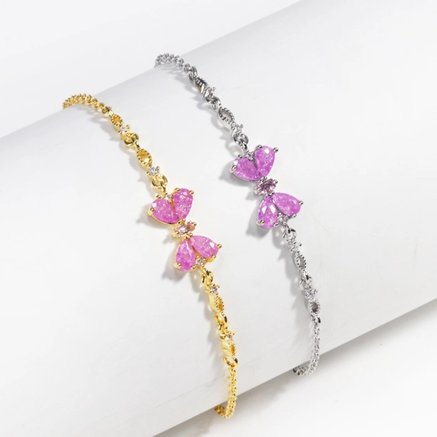 Bracciale Fiocco Farfalla Ottone Placcato Oro Zircone Rosa Catena Regolabile Gioielli Ipoallergenici Donna