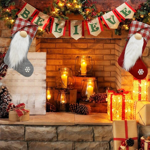 Handmade Christmas Gnome Stocking Plaid Cuff Fuzzy Beard Snowflake Decor Gift Bag Candy Pouch Fireplace Hanging Pendant