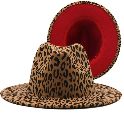 Luipaardprint Fedora Hoed Wollen Brede Rand Plat Vintage Britse Stijl Jazz Hoed Mannen Vrouwen Contrast Voering