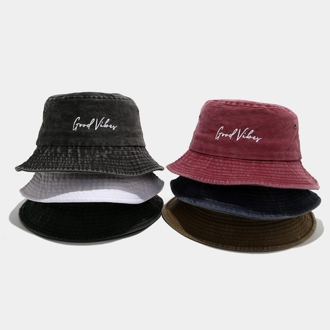 Washed Cotton Bucket Hat Atmungsaktiver Sonnenschutz Outdoor Retro Buchstaben Bestickung Unisex Sommer Frühling Vintage