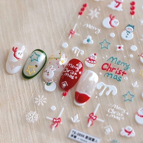 Christmas Nail Art Stickers 3D Embossed Snowman Snowflake Pattern Self Adhesive Festive Manicure Decoration For Women