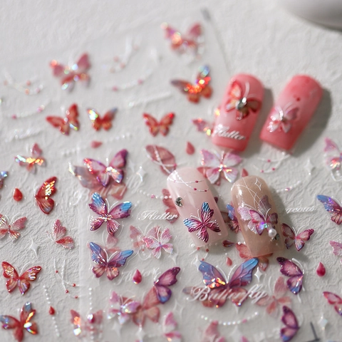 5D Geprägte Schmetterling Nagelkunst Aufkleber Selbstklebend Farbverlauf Holografisch Maniküre Dekoration Damen DIY Nagel Abziehbilder