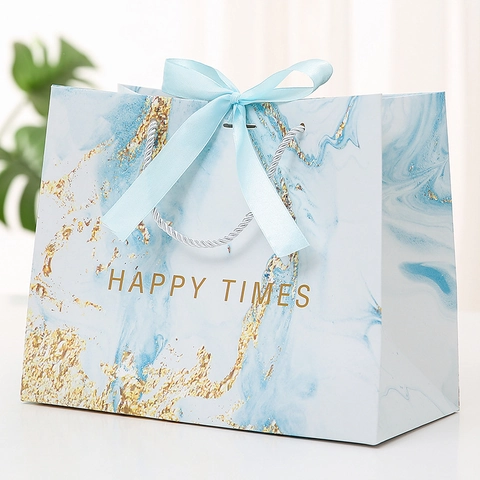 Marble Pattern Paper Gift Bag With Ribbon Bow Handheld Packaging For Wedding Party Celebration Happy Times