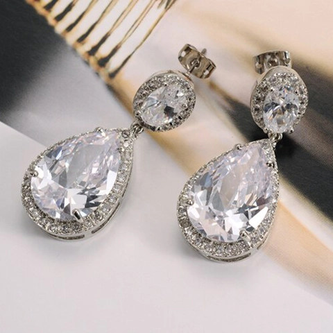 Orecchini Pendenti In Rame Con Zirconia Cubica Taglio A Pera Colore Argento Eleganti Per Matrimoni Serate Di Gala Gioielli Donna