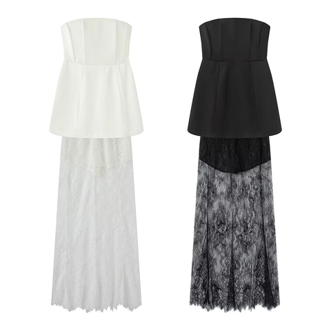 Women Elegant Tube Top And Lace Long Skirt Summer Strapless Sleeveless Polyester Streetwear Outfits
