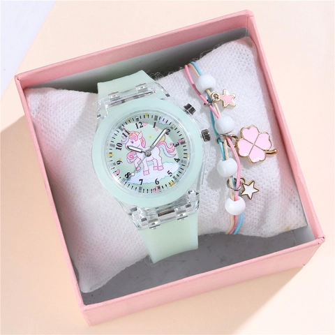 Orologio Luminoso Con Unicorno E Braccialetto Per Bambine Cinturino In Silicone Cassa In Plastica Flash LED Colorato Bambini
