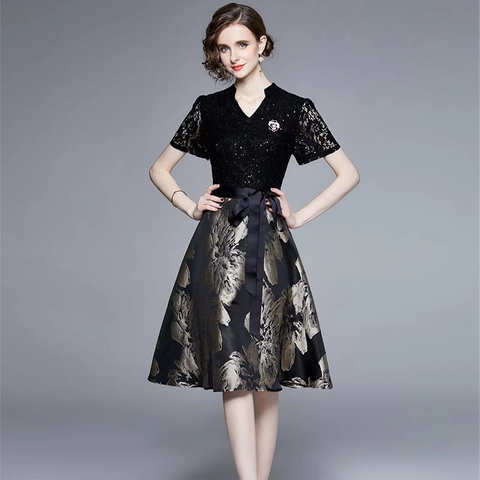 Women Elegant V Neck Short Sleeve Lace Sequin Splicing Floral Jacquard Midi Dress With Satin Bow Belt Retro Patchwork