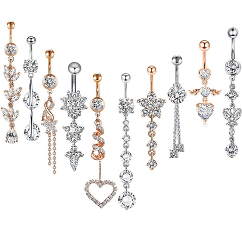 Stainless Steel Belly Button Rings Dangle Cubic Zirconia Navel Piercing Jewelry Heart Butterfly Flower For Women
