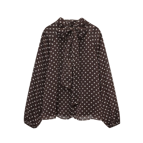 Polka Dot Chiffon Bluse Retro Schleife Hals Langarm Laternenärmel Plissee Transparent Lässig Elegant Hemd Für Damen