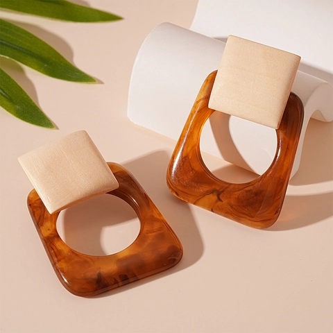Geometric Drop Earrings With Wood And Resin Amber Tortoiseshell Pattern 925 Sterling Silver Earring Post Vintage Style