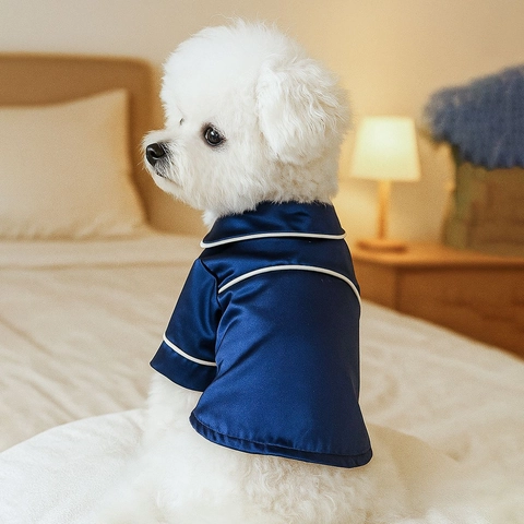 Haustier Pyjama Hund Katze Kleidung Satin Seidig Weich Revers Hemd Nachtwäsche Mit Kontrastpaspel Für Kleine Hunde Welpen