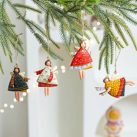 Christmas Angel Hanging Ornaments Hand Painted Iron Metal Decorative Figurines For Holiday Tree Home Decor