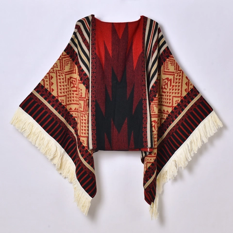 Women's Ethnic Pullover Poncho Shawl Tassels Imitation Cashmere Bohemian Geometric Jacquard Warm Wrap Travel