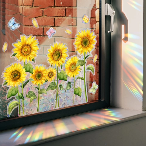 Sonnenblume Schmetterling Regenbogen Fensteraufkleber Statisch Prisma Holographisch Sonnenfänger PVC Wandtattoo Dekor