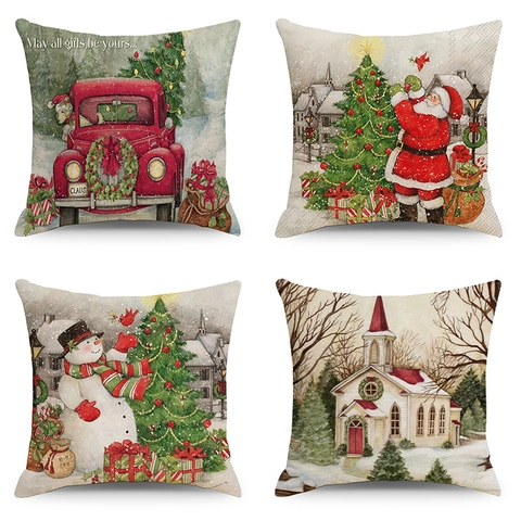 Christmas Pillowcase Santa Claus Snowman Linen Cotton Decorative Cushion Cover With Invisible Zipper Holiday Home Decor