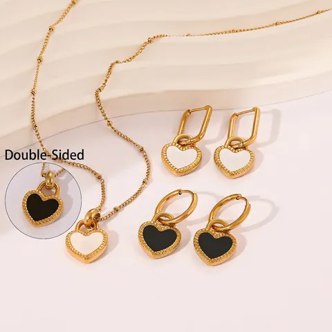 Set Gioielli Cuore in Acciaio Inossidabile per Donna Placcato Oro Perla Artificiale Collana Orecchini Cuore Bifacciale