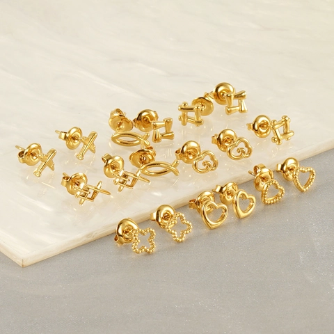 Minimalist Stainless Steel Stud Earrings 18k Gold Plated Heart Airplane Cloud Geometric Fashion Jewelry For Women