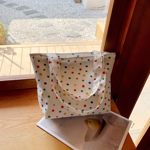 Polka Dot Print Canvas Tote Bag Multi Color Casual Minimalistische Schoudertas Met Rits Voor Dames