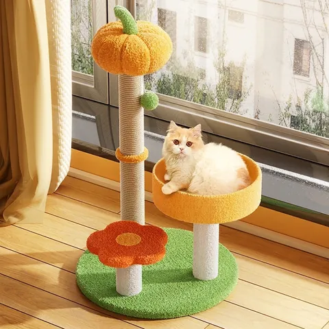 Cat Tree Scratching Post Sisal Rope Plush Multi Level Pumpkin Flower Design For Indoor Activity Climbing Nest Hanging Ball