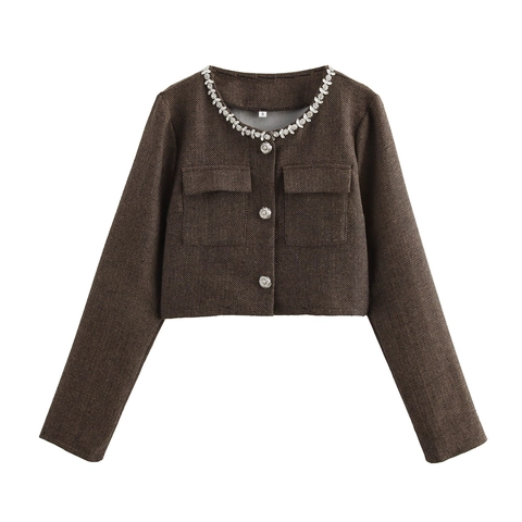 Dames Korte Visgraat Jas Met Strass Ronde Hals Losse Tweed Blazer Lange Mouwen Eenrijige Mantel